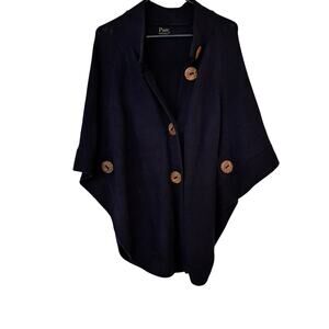 Pure Handknit Poncho Cape Knit Sweater Large Round Wood Buttons Blue One Size